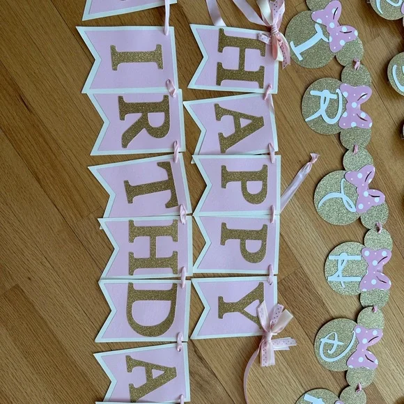 TWO Happy 1st Birthday Banners + month pic banner Minnie pink gold - Picture 3 of 7